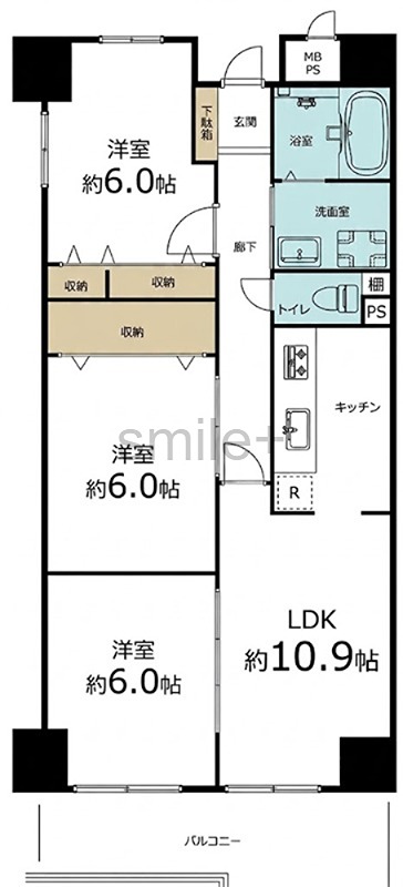 サーパス西古松 3つの洋室と約10.9帖のLDK、各部屋に収納も備えた間取図です。快適な暮らしをサポートします。
