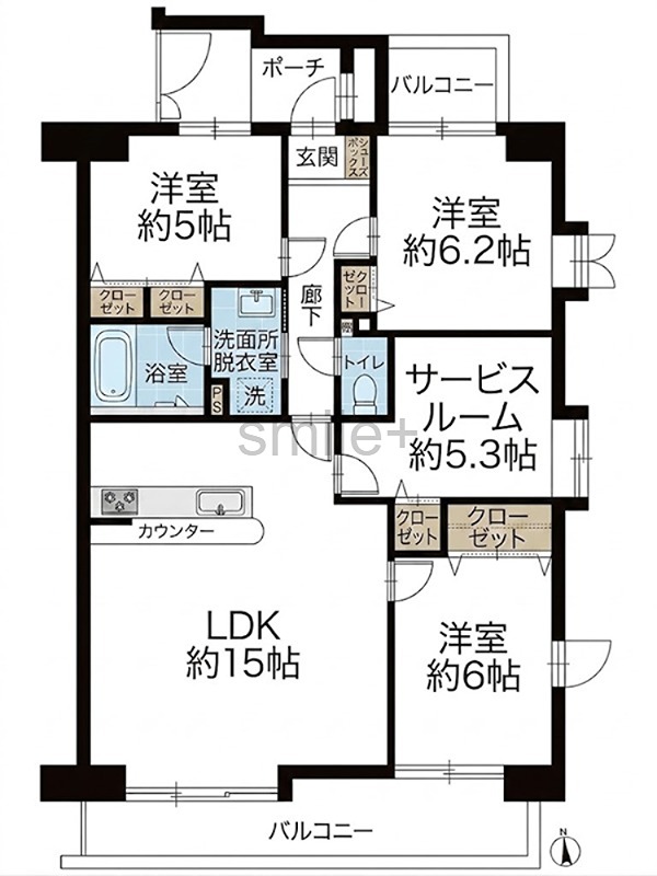 ダイアパレスパークサイド今 約15帖のLDKが魅力。全居室収納付きで、居住空間を有効活用できる4LDK。用途多彩なサービスルームもございます。