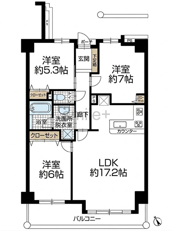 アルファステイツ泉田 3LDK、約17.2帖の広々LDKが魅力。全居室に収納があり、すっきりと暮らせます。南向きバルコニーで日当たりも良好です。