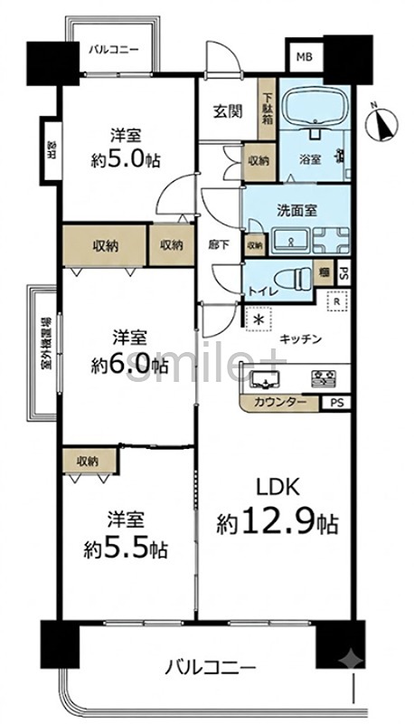 アマネセール東古松 3つの洋室はそれぞれ収納付き。約12.9帖のLDKは、ご家族でゆったりと過ごせる空間です。2ヶ所のバルコニーで開放感も得られます。
