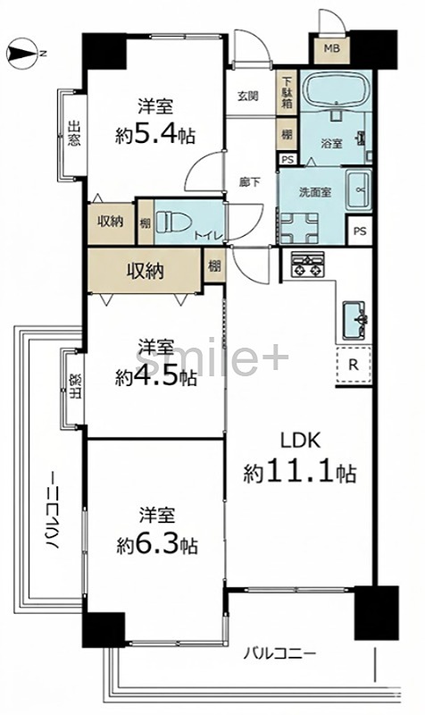 シティパル野田公園 3LDK、約11.1帖のLDKが魅力の間取り。全洋室に収納を備え、バルコニーも2ヶ所。豊かな暮らしを支える収納力と開放感が魅力です。