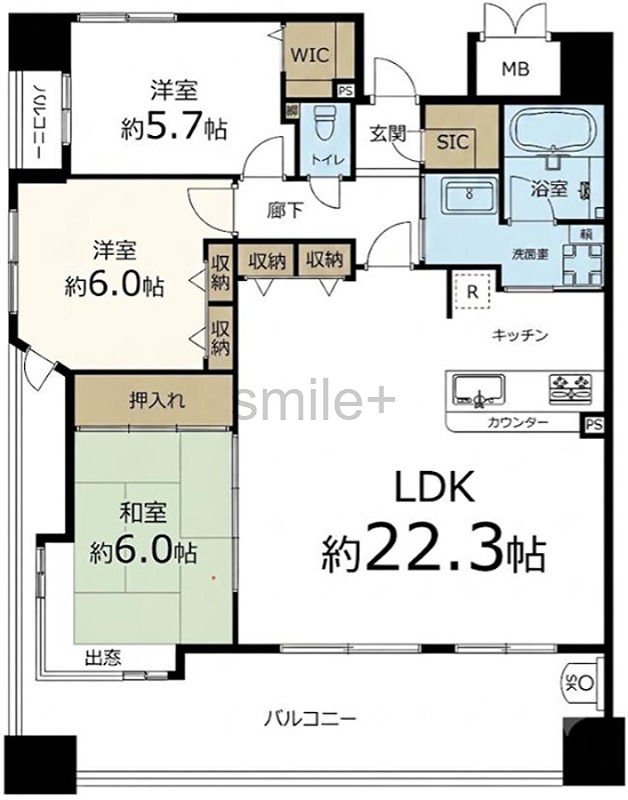 ノーブルシティ城下通り LDK約22.3帖のゆとりある空間。SICやWIC、廊下収納など豊富な収納が魅力の間取です。