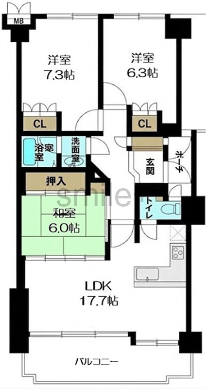 サーパス東古松第２ 広々17.7帖のLDKが魅力。洋室2部屋に加え、和室も備え、多様なライフスタイルに対応する3LDKの間取りです。各部屋収納スペース付。